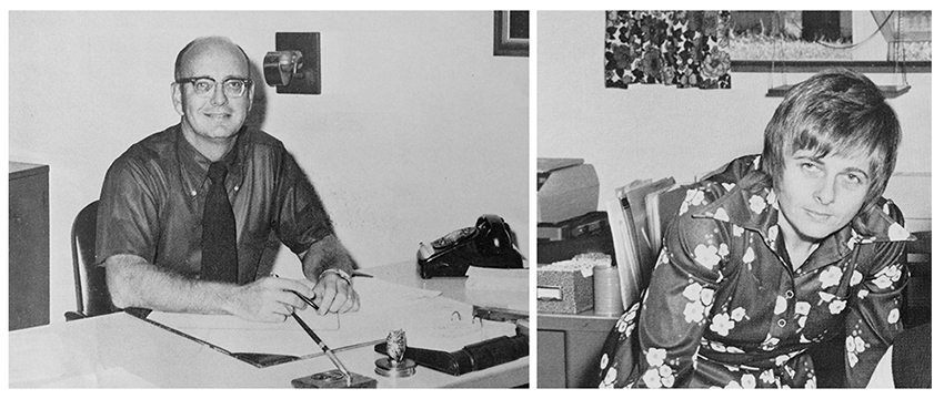 Black and white yearbook photographs of principals John Earman and Nancy Poole. Earman sits at his desk. A manual pencil sharpener is visible behind him and a rotary phone is on his desk. In Poole's photograph, she is leaning over a table and office equipment is visible behind her. 