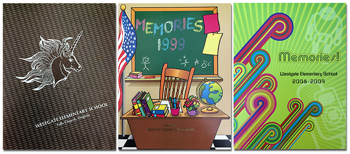 Composite image showing the covers of four Westgate Elementary yearbooks, three of which are from anniversary years. From left to right, the 1988 to 1989 yearbook cover features an illustration of the unicorn mascot. The yearbook in the middle, 1998 to 1999, is an illustration of a classroom. There is a teacher's desk, American flag, and chalkboard. The yearbook cover on the right, from 2008 to 2009, is an abstract drawing of colorful shapes set on a green background. One of the shapes appears to represent a robot of some sort, and the other an Apple iPod.